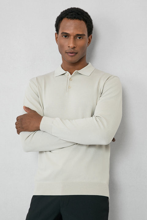 Stone Regular Fit Button-Down Polo Collar Knit Sweater