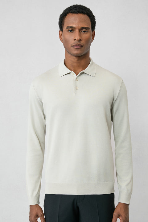 Stone Regular Fit Button-Down Polo Collar Knit Sweater