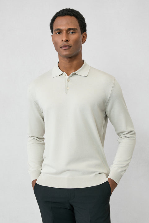 Stone Regular Fit Button-Down Polo Collar Knit Sweater