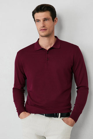 Koyu Bordo Regular Fit Düğmeli Polo Yaka Triko Kazak