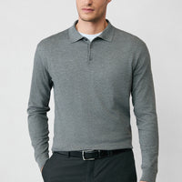 Medium Anthracite Melange Regular Fit Button-Down Polo Collar Knit Sweater