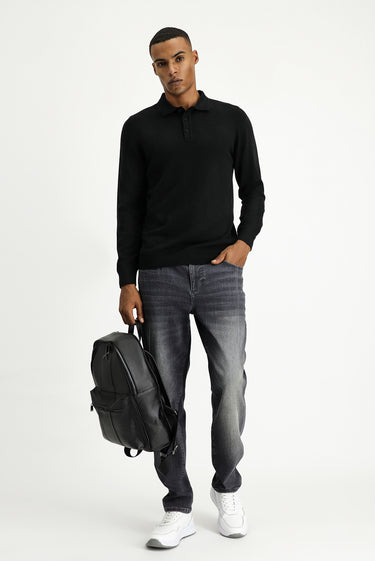 Siyah Polo Yaka Regular Fit Pamuklu Triko Kazak