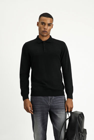 Siyah Polo Yaka Regular Fit Pamuklu Triko Kazak