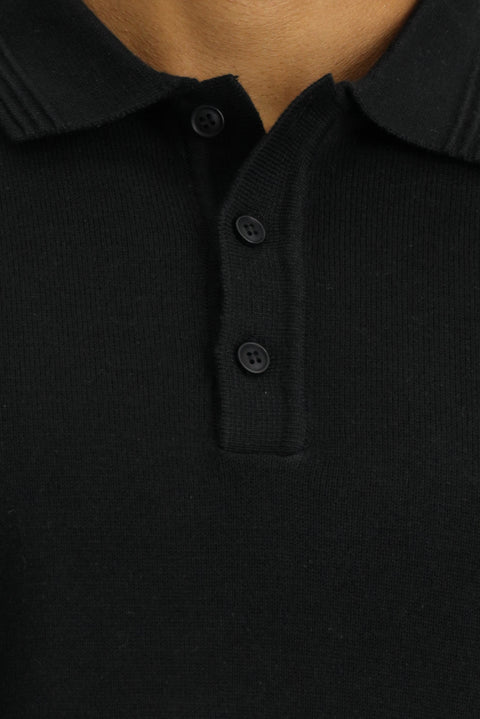 Siyah Polo Yaka Regular Fit Pamuklu Triko Kazak