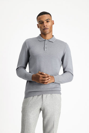 Orta Gri Melanj Polo Yaka Regular Fit Pamuklu Triko Kazak