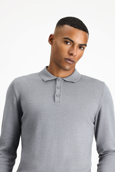 Orta Gri Melanj Polo Yaka Regular Fit Pamuklu Triko Kazak