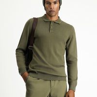Orta Haki Polo Yaka Regular Fit Pamuklu Triko Kazak