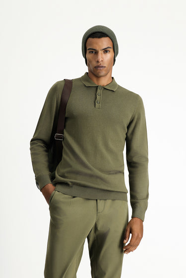 Orta Haki Polo Yaka Regular Fit Pamuklu Triko Kazak