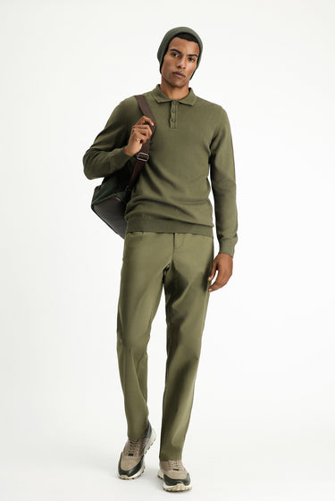 Orta Haki Polo Yaka Regular Fit Pamuklu Triko Kazak