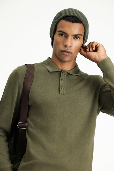 Orta Haki Polo Yaka Regular Fit Pamuklu Triko Kazak