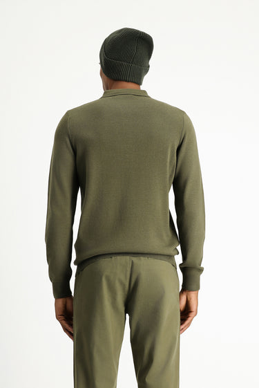 Orta Haki Polo Yaka Regular Fit Pamuklu Triko Kazak