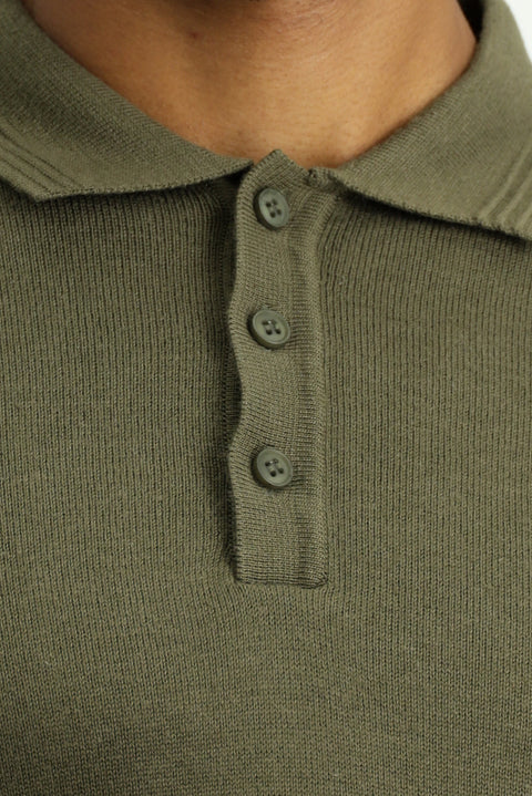 Orta Haki Polo Yaka Regular Fit Pamuklu Triko Kazak