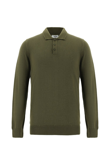 Orta Haki Polo Yaka Regular Fit Pamuklu Triko Kazak