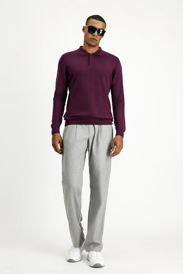 Koyu Bordo Polo Yaka Regular Fit Pamuklu Triko Kazak