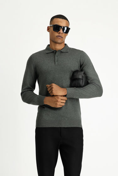 Koyu Antrasit Melanj Polo Yaka Regular Fit Pamuklu Triko Kazak