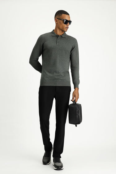Koyu Antrasit Melanj Polo Yaka Regular Fit Pamuklu Triko Kazak