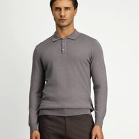 Orta Gri Melanj Polo Yaka Regular Fit Pamuklu Kaşmirli Triko Kazak