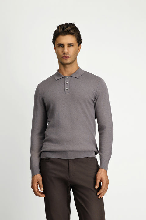 Orta Gri Melanj Polo Yaka Regular Fit Pamuklu Kaşmirli Triko Kazak