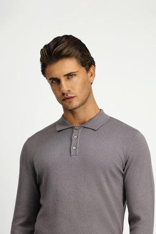 Orta Gri Melanj Polo Yaka Regular Fit Pamuklu Kaşmirli Triko Kazak