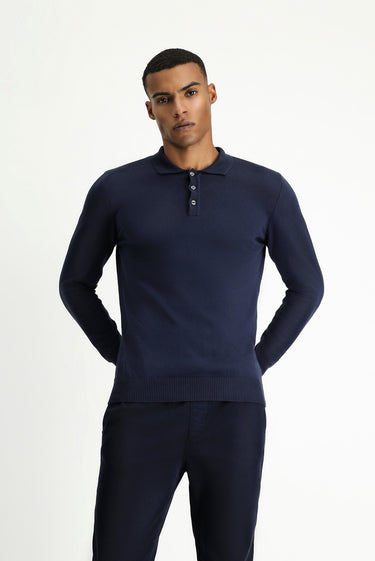 Koyu Lacivert Polo Yaka Regular Fit Pamuklu Kaşmirli Triko Kazak