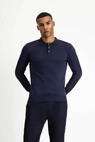 Koyu Lacivert Polo Yaka Regular Fit Pamuklu Kaşmirli Triko Kazak
