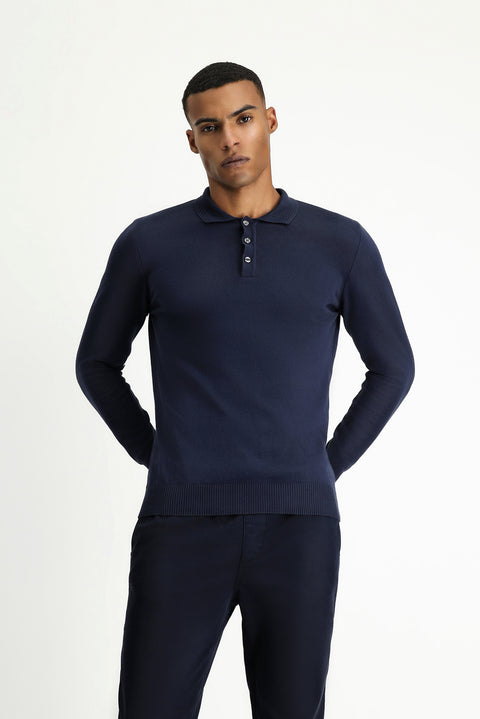 Koyu Lacivert Polo Yaka Regular Fit Pamuklu Kaşmirli Triko Kazak