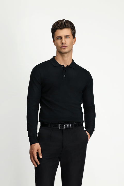 Black Polo Collar Button-Down Regular Fit Warm Wool Knit Sweater