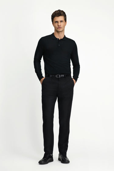 Siyah Polo Yaka Regular Fit Yünlü Triko Kazak