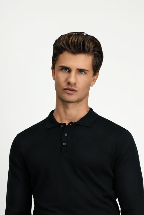 Black Polo Collar Button-Down Regular Fit Warm Wool Knit Sweater