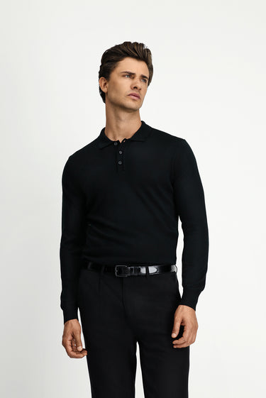 Siyah Polo Yaka Regular Fit Yünlü Triko Kazak