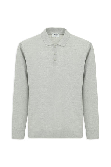 Açık Gri Melanj Polo Yaka Regular Fit Yünlü Triko Kazak