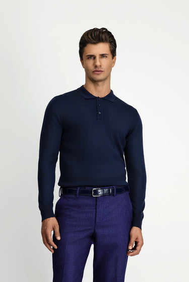 Koyu Lacivert Polo Yaka Regular Fit Yünlü Triko Kazak