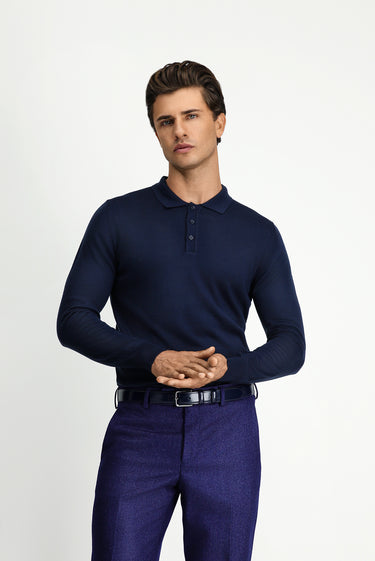 Koyu Lacivert Polo Yaka Regular Fit Yünlü Triko Kazak