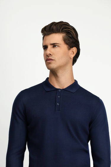 Koyu Lacivert Polo Yaka Regular Fit Yünlü Triko Kazak