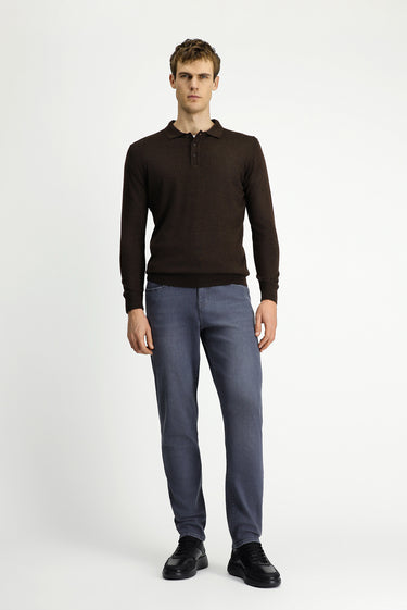 Koyu Kahve Melanj Polo Yaka Regular Fit Yünlü Triko Kazak