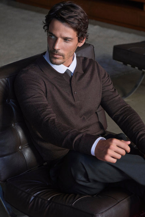 Dark Brown Melange Polo Collar Button-Down Regular Fit Warm Wool Knit Sweater