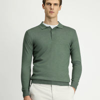 Light Khaki Melange Polo Collar Button-Down Regular Fit Warm Wool Knit Sweater