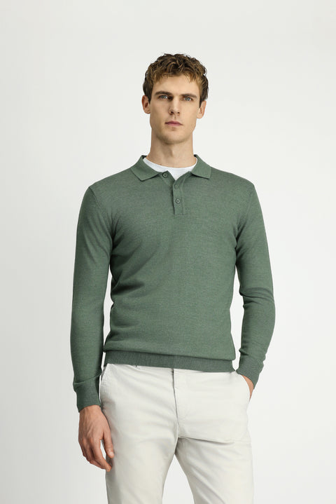 Light Khaki Melange Polo Collar Button-Down Regular Fit Warm Wool Knit Sweater