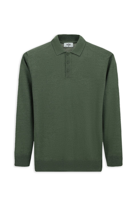 Light Khaki Melange Polo Collar Button-Down Regular Fit Warm Wool Knit Sweater