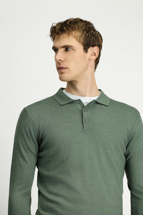 Light Khaki Melange Polo Collar Button-Down Regular Fit Warm Wool Knit Sweater