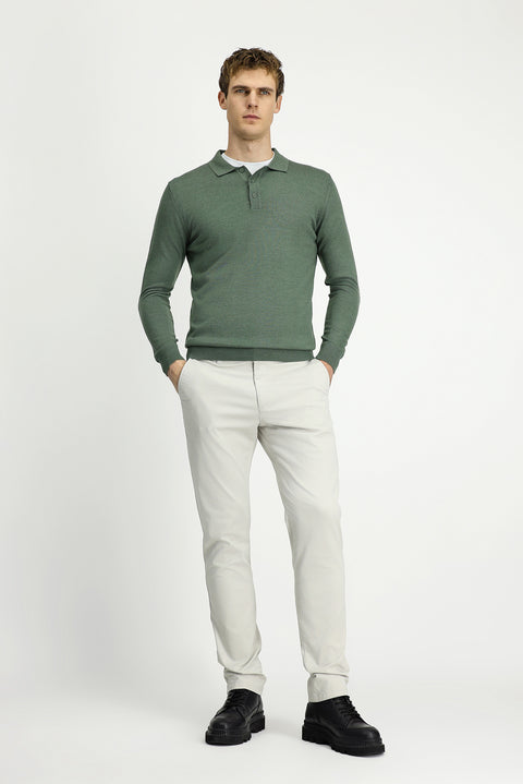 Light Khaki Melange Polo Collar Button-Down Regular Fit Warm Wool Knit Sweater