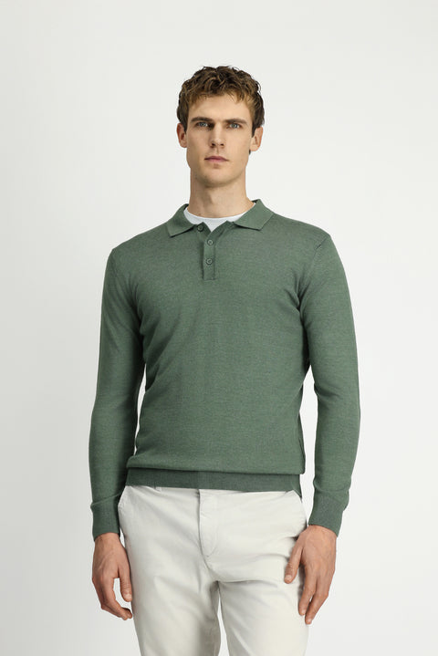 Light Khaki Melange Polo Collar Button-Down Regular Fit Warm Wool Knit Sweater