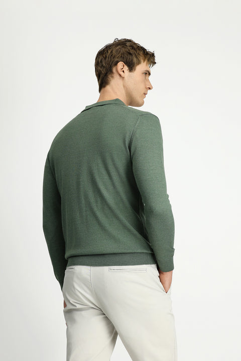 Light Khaki Melange Polo Collar Button-Down Regular Fit Warm Wool Knit Sweater