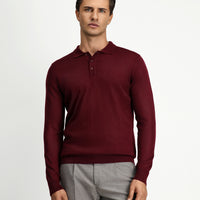 Koyu Bordo Polo Yaka Regular Fit Yünlü Triko Kazak