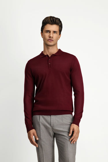 Koyu Bordo Polo Yaka Regular Fit Yünlü Triko Kazak