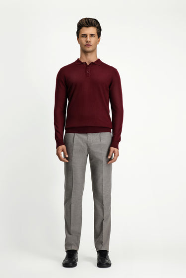 Koyu Bordo Polo Yaka Regular Fit Yünlü Triko Kazak