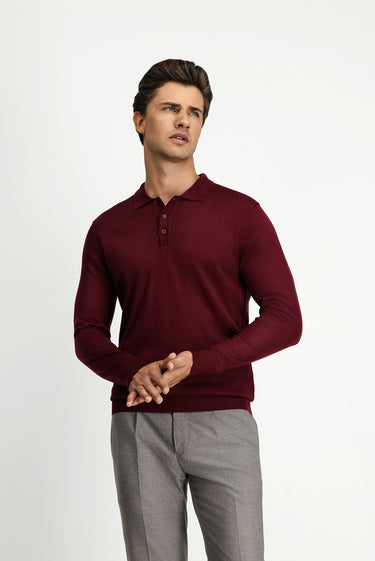 Koyu Bordo Polo Yaka Regular Fit Yünlü Triko Kazak