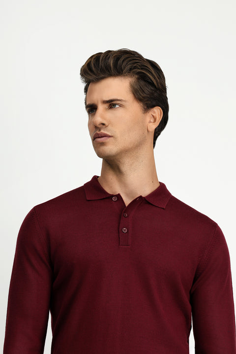 Koyu Bordo Polo Yaka Düğmeli Regular Fit Sıcak Tutan Yünlü Triko Kazak