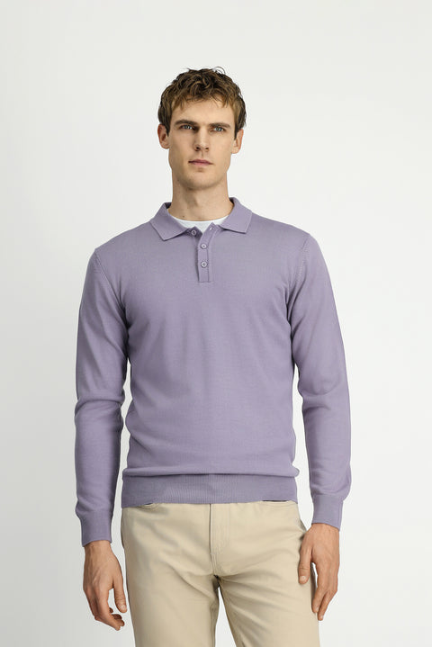 Lilac Polo Collar Button-Down Regular Fit Warm Wool Knit Sweater