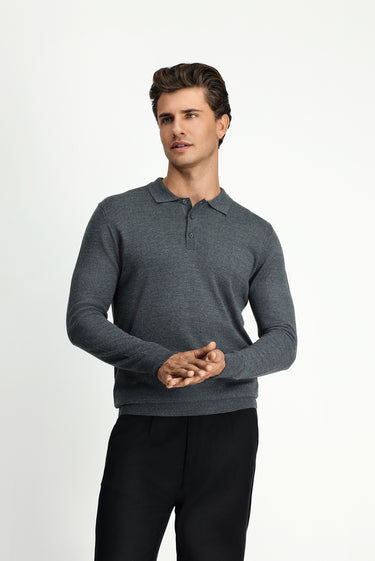 Orta Anrasit Melanj Polo Yaka Regular Fit Yünlü Triko Kazak